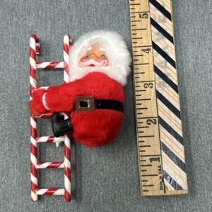 Vintage Felted Santa Claus Climbing Candy Cane Ladder 3" Christmas Decor Mini